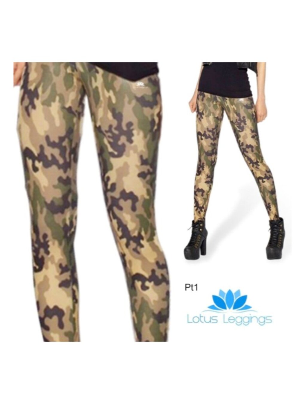 LOTUS Yoga Leggings Exercise Pants Camo Cream Brown Green Spandex Breathable